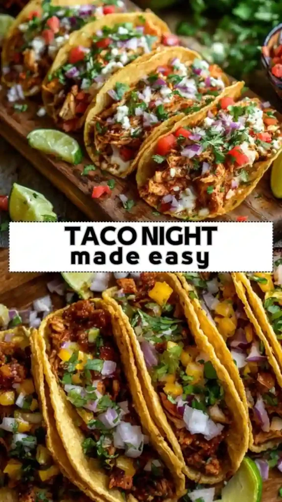 Chicken street tacos with diced red onion, cilantro, salsa, and lime wedges on wooden board