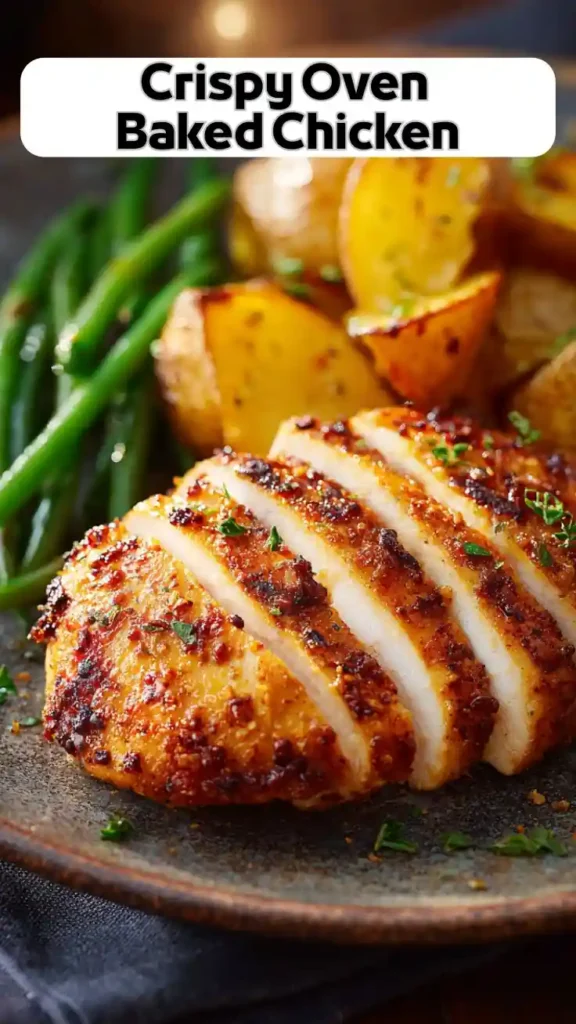 Crispy Oven Baked Chicken Breast – Easy Juicy Dinner Crispy oven baked chicken breast sliced with roasted potatoes and green beans