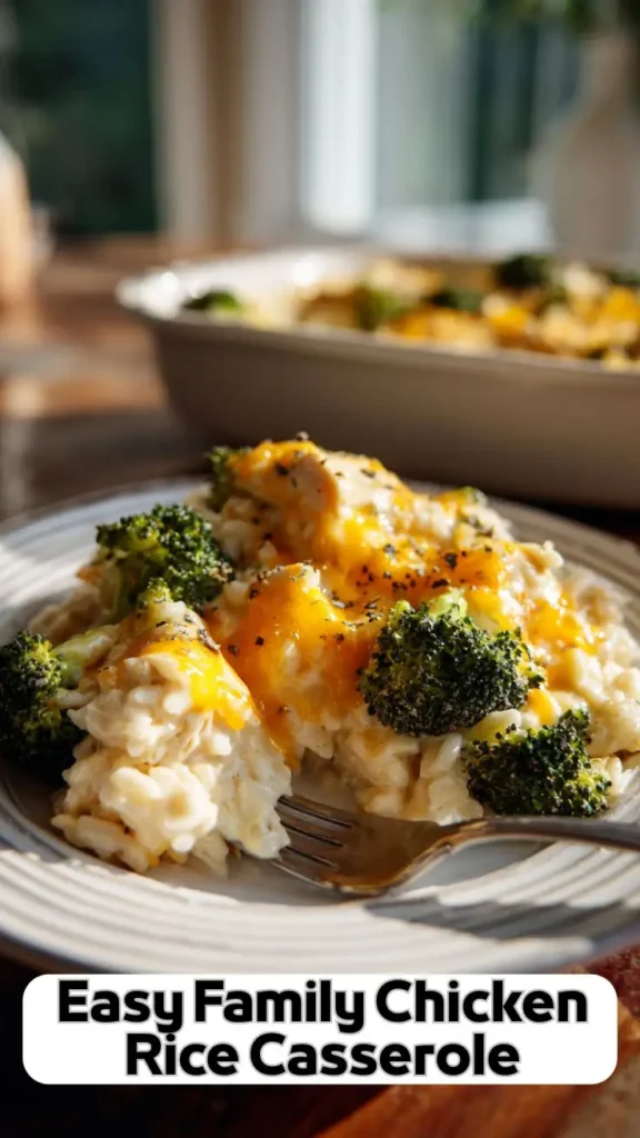 Easy Family Chicken Rice Casserole – Creamy Comfort Dinner Recipe easy family chicken rice casserole with broccoli and melted cheddar cheese on plate