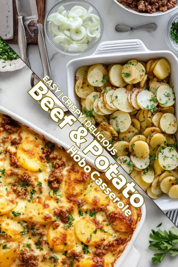 familiy favorite Hobo Casserole Ground Beef Collage of hobo casserole before and after baking with ingredients and golden final dish