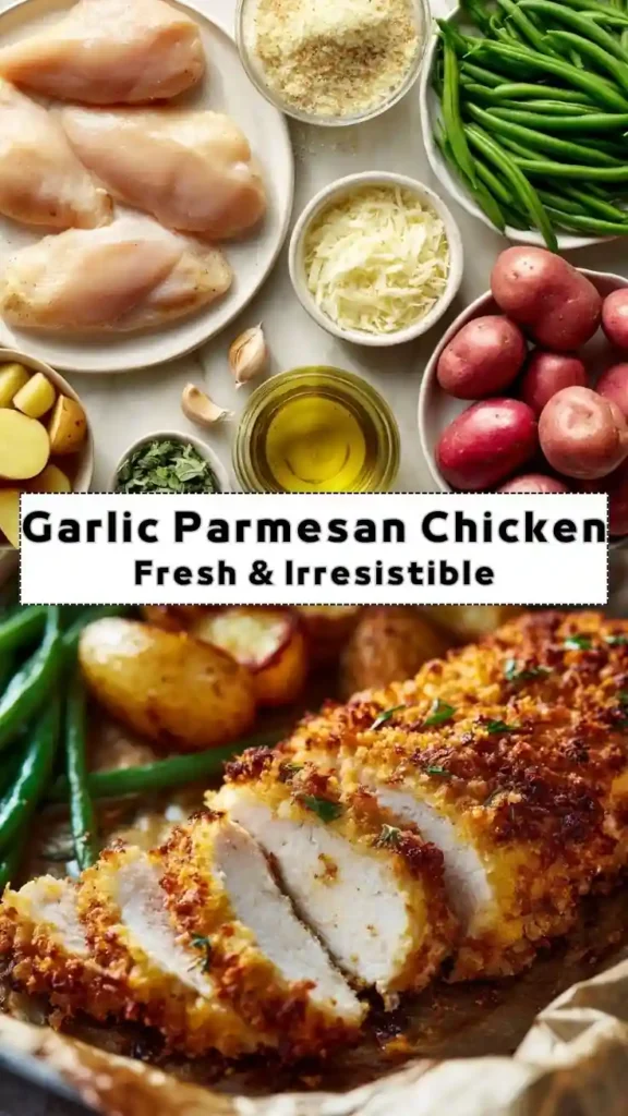 Garlic Parmesan Crusted Chicken – Crispy Oven Baked Recipe Garlic parmesan crusted chicken breast sliced with roasted potatoes and green beans