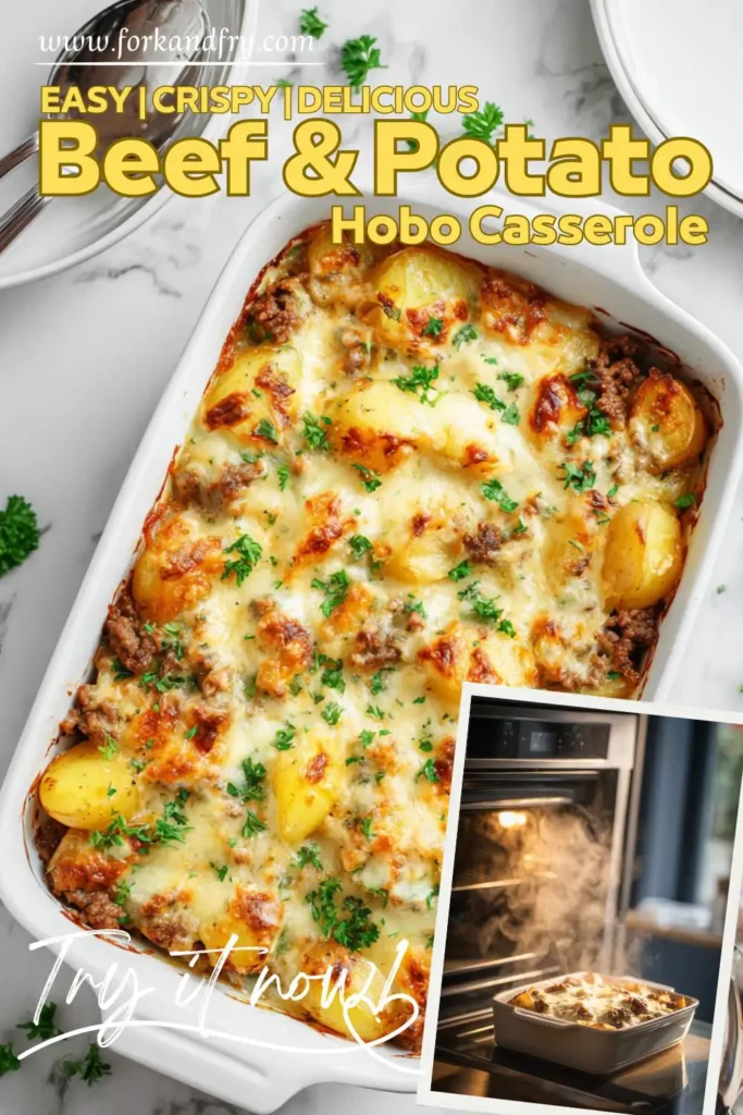Cheesy beef and potato casserole fresh out of the oven with steam rising and parsley garnish