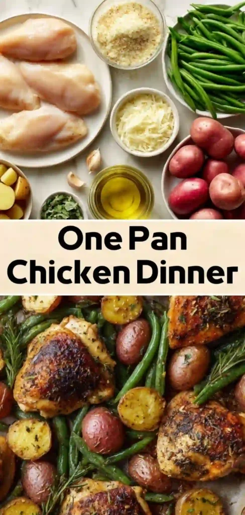 One Pan Chicken Dinner with Potatoes and Green Beans One pan roasted chicken thighs with baby potatoes and green beans