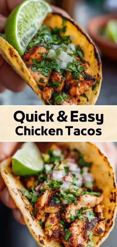 Quick and easy chicken tacos with grilled chicken, cilantro, diced onion, and lime wedge