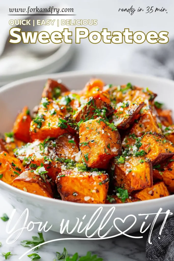 roasted sweet potatoes Parmesan-Coated Sweet Potato Cubes on Marble Surface