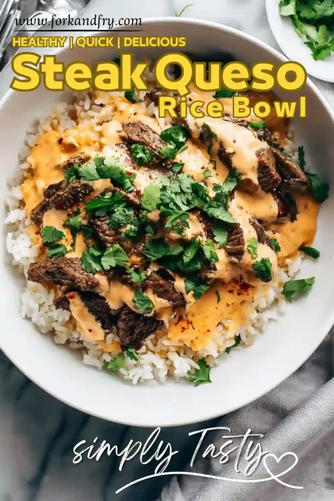 Steak Queso Rice Bowl – Quick, Cheesy & Flavor-Packed Dinner Steak queso rice bowl topped with melted cheese sauce and fresh cilantro over white rice