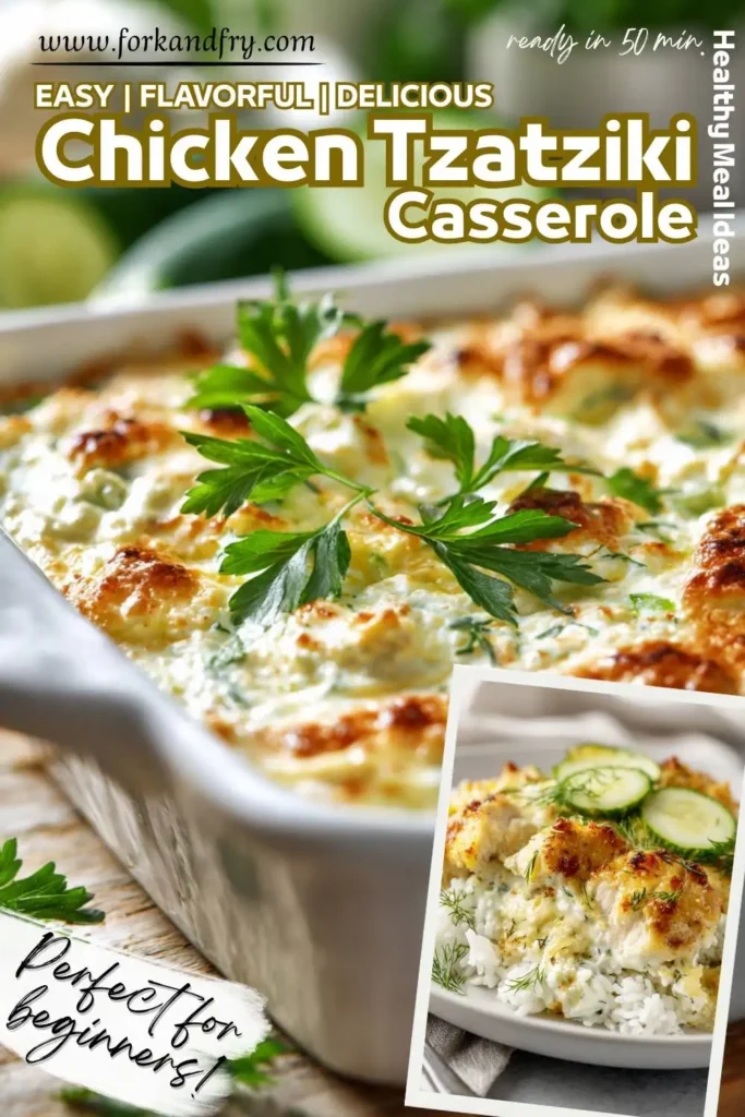 Baked chicken tzatziki casserole Baked chicken tzatziki casserole garnished with parsley and feta cheese.