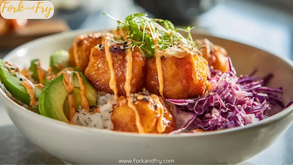 Bang Bang salmon bowls with rice, veggies, and creamy sauce