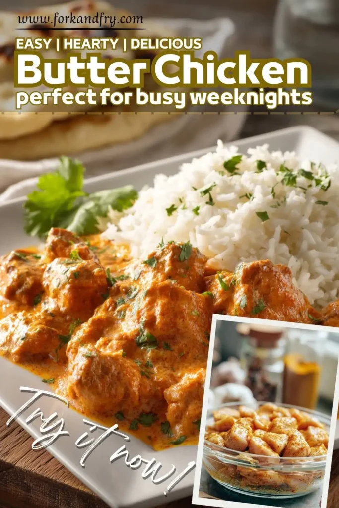 Butter chicken and rice served with naan Butter chicken and rice served with naan, creamy orange sauce close-up