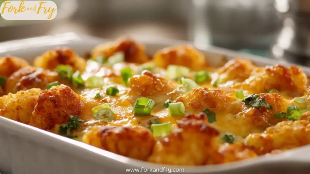 Close-up of cheesy tater tot cowboy casserole in a white baking dish with melted cheddar