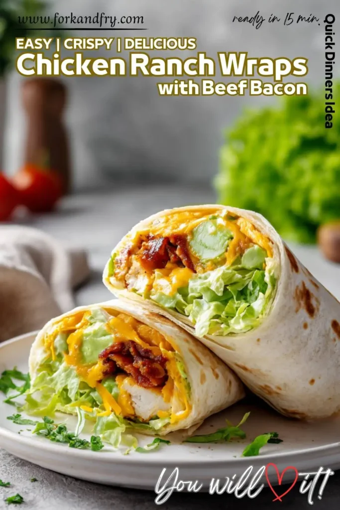 Chicken wrap with avocado slices Chicken wrap with avocado slices, ranch dressing, and beef bacon.
