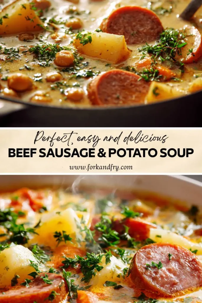 Comforting bowl of sausage and potato soup Comforting bowl of sausage and potato soup with parsley garnish