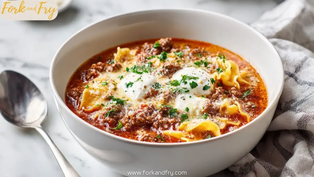 Slow Cooker Lasagna Soup in White Bowl with Fresh Herbs