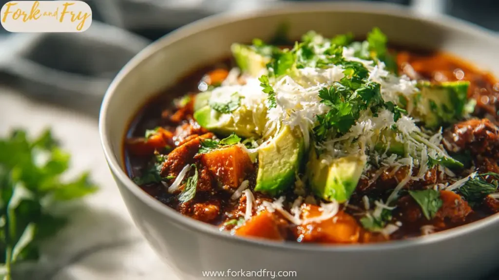 Chicken and sweet potato chili topped with cheese and avocado