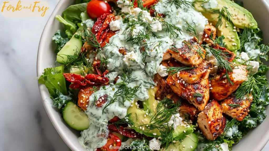 Fresh Chicken Tzatziki Avocado Salad in White Bowl