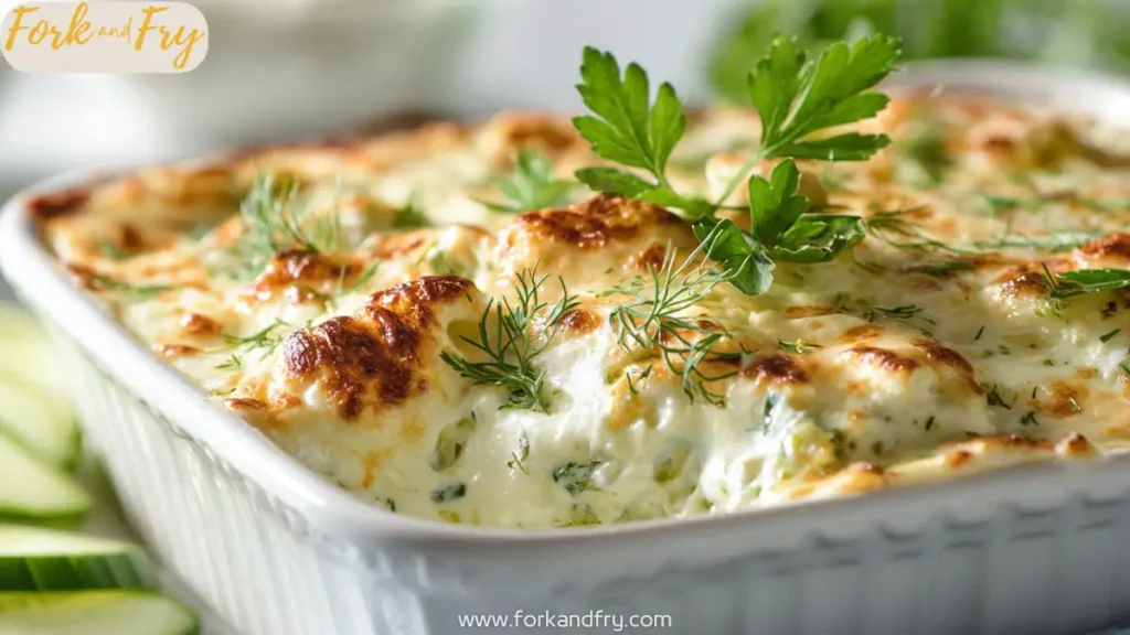Mediterranean chicken casserole with creamy tzatziki and fresh herbs in a white baking dish.
