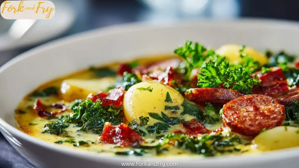 Creamy Tuscan soup with sausage, kale, and potatoes in a white bowl