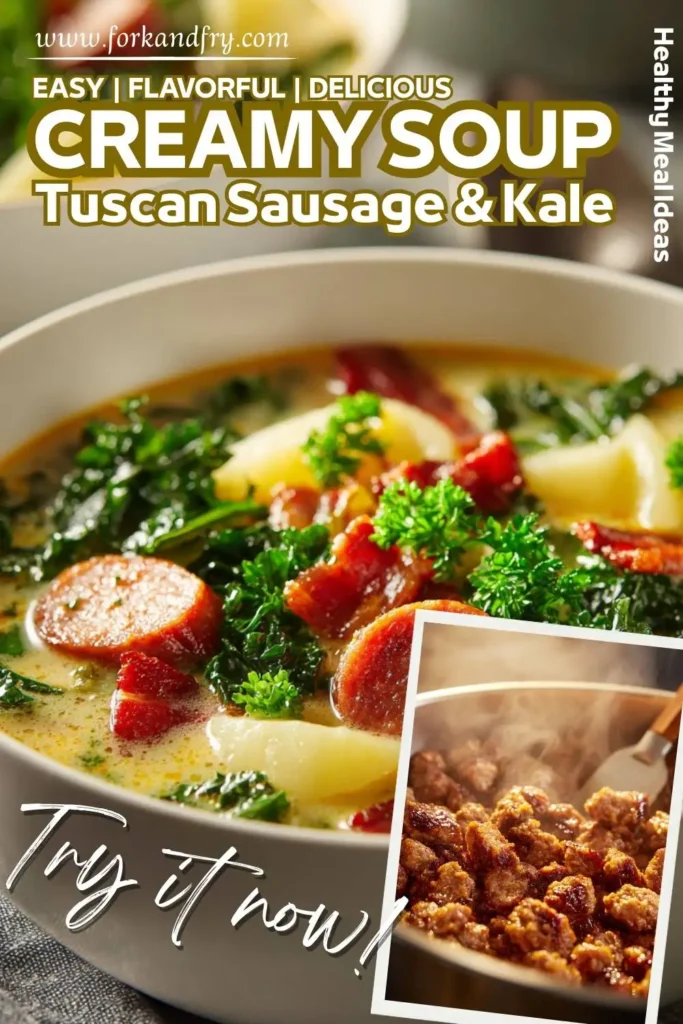 Creamy weeknight soup with kale and sausage served hot Creamy weeknight soup with kale and sausage served hot