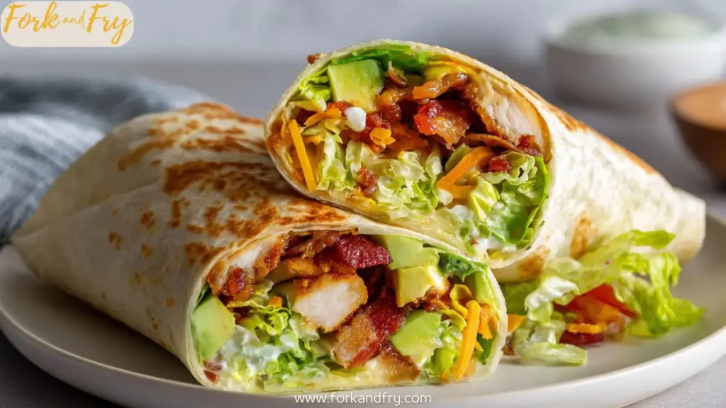 Classic chicken ranch wrap with beef bacon and cheddar on a tortilla