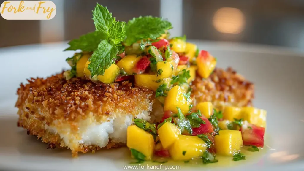 Tropical fish bowl with coconut crusted fish and fresh mango salsa on greens.