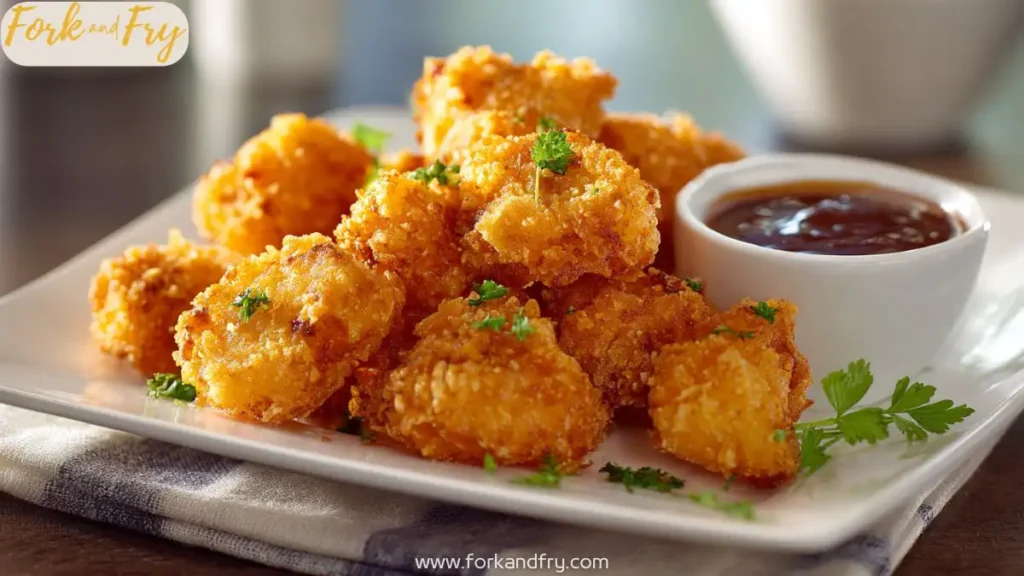 Golden, crispy homemade popcorn chicken served with dipping sauces on a white plate