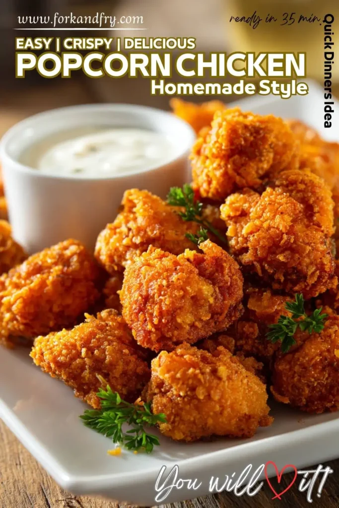 Crispy popcorn chicken in a white bowl Crispy popcorn chicken in a white bowl with lemon wedges and parsley.