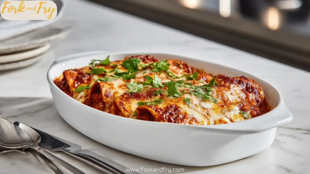 Baked Ground Beef Enchiladas in Red Sauce