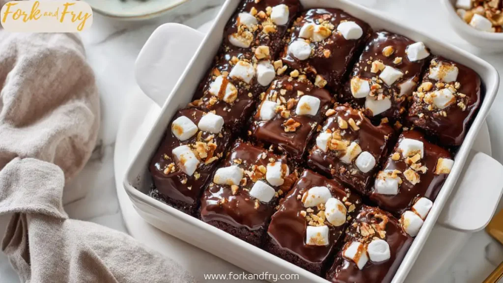Fudgy Mississippi Mud Cake with Marshmallow and Chocolate Drizzle