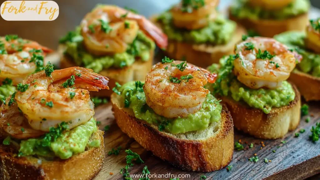Garlic Shrimp and Avocado Crostini on a Serving Platter