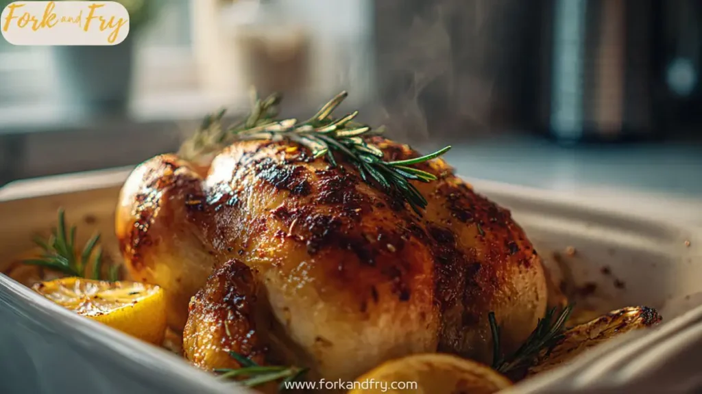 Whole roasted chicken with crispy skin and rosemary garlic butter, fresh from the oven.