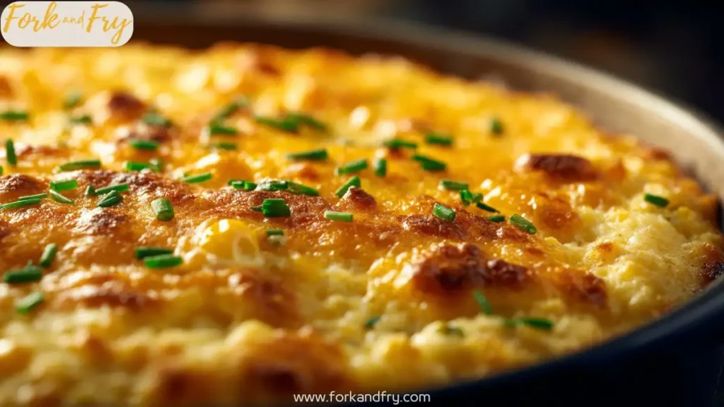 Baked corn casserole with golden top and honey drizzle, garnished with fresh herbs.