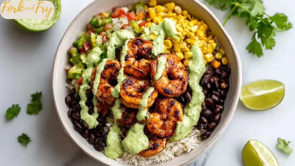Grilled Shrimp Bowl with Rice and Avocado Crema