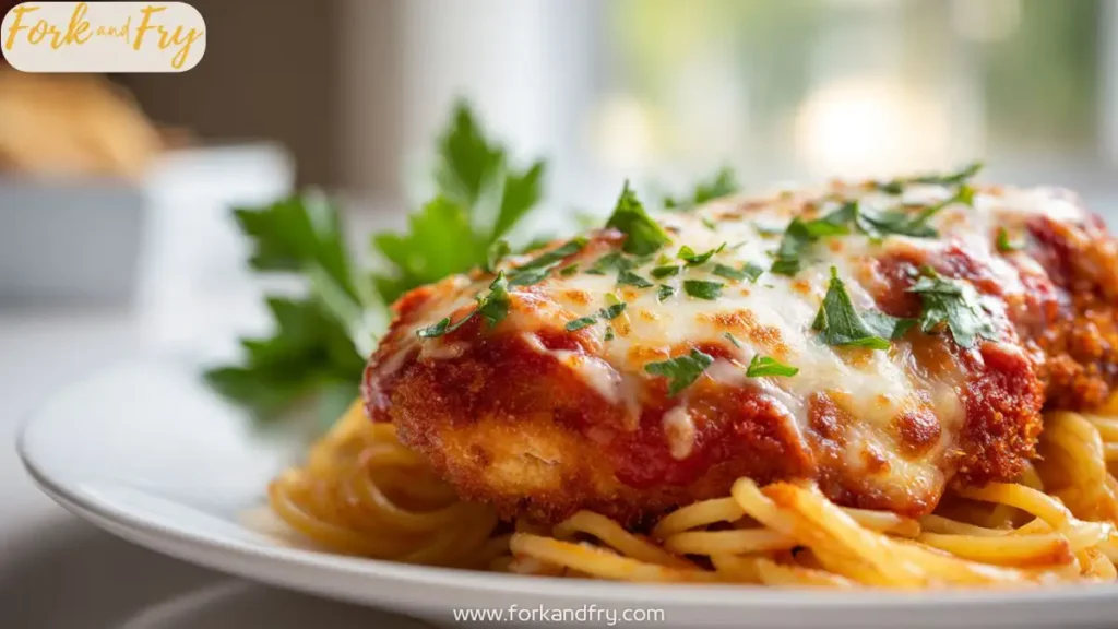 Close-up of healthy baked chicken parmesan with melted cheese and marinara on a plate with pasta
