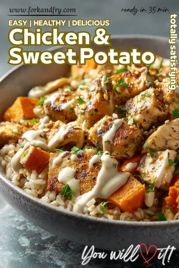 Healthy sweet potato and chicken rice bowl Healthy sweet potato and chicken rice bowl topped with tahini sauce