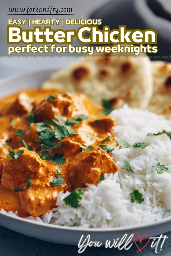 Homemade butter chicken with fluffy basmati Homemade butter chicken with fluffy basmati rice and parsley garnish