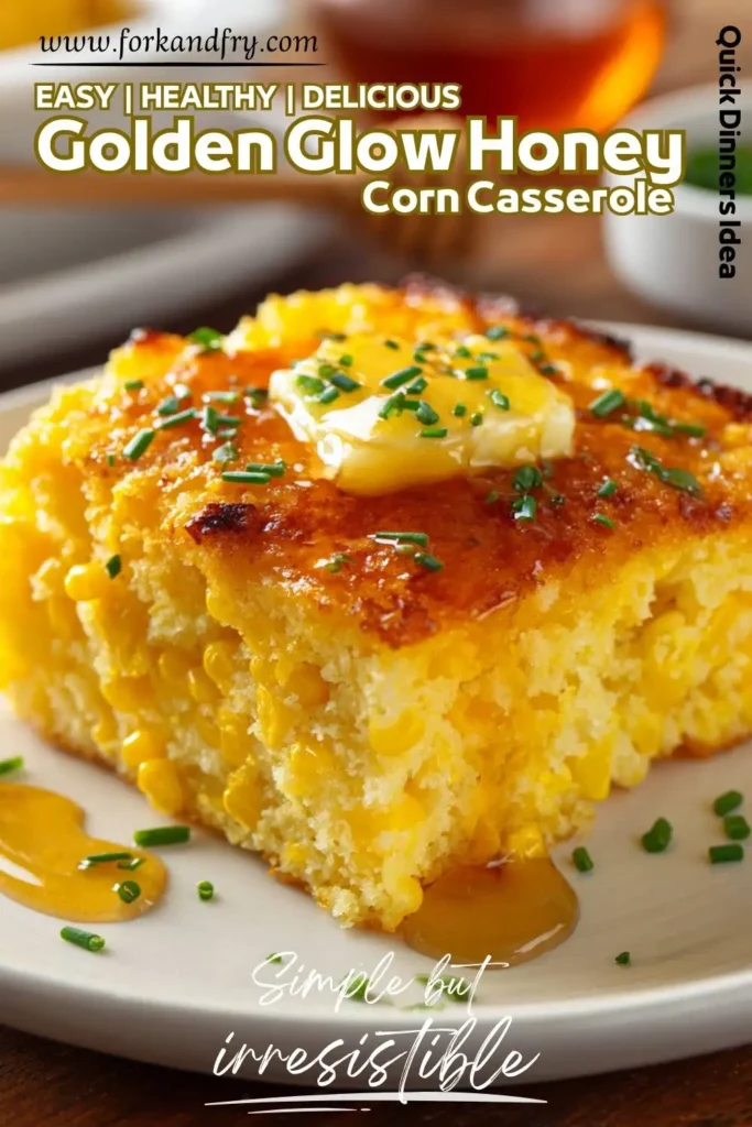 Honey-glazed corn casserole in a white baking dish Honey-glazed corn casserole in a white baking dish, ready to serve.