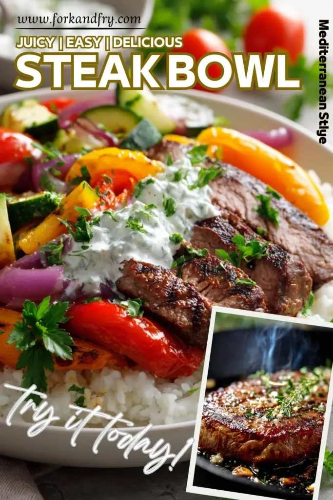 Mediterranean Steak Bowl fork and fry Steak bowl with cauliflower rice, feta, olives, and tzatziki on a modern white plate.