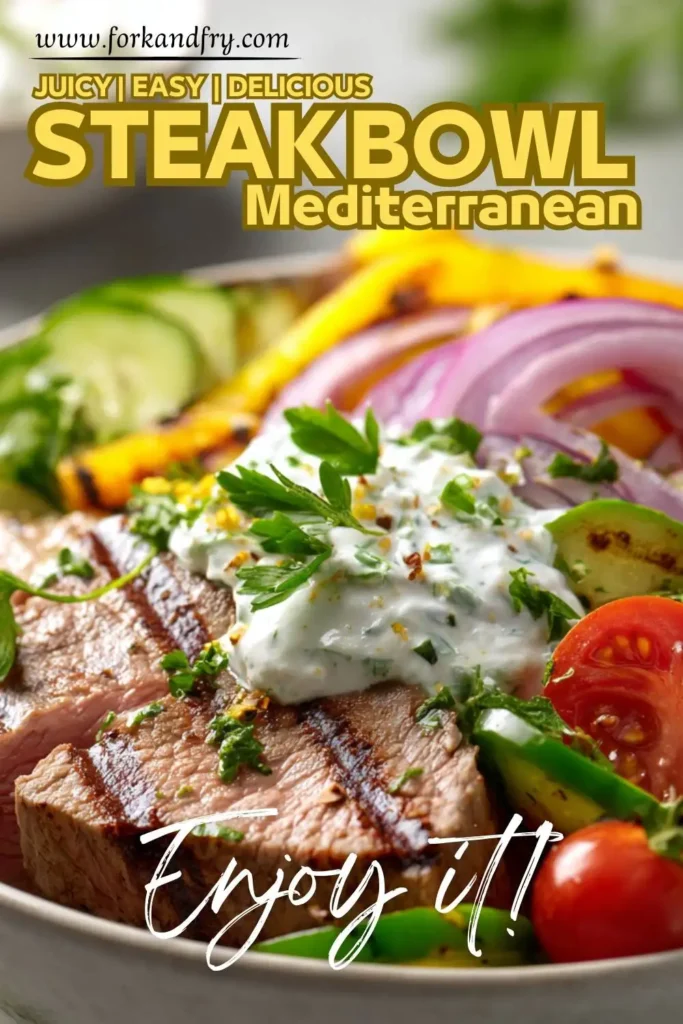 Mediterranean steak bowls and fresh Greek toppings Mediterranean steak bowls and fresh Greek toppings.