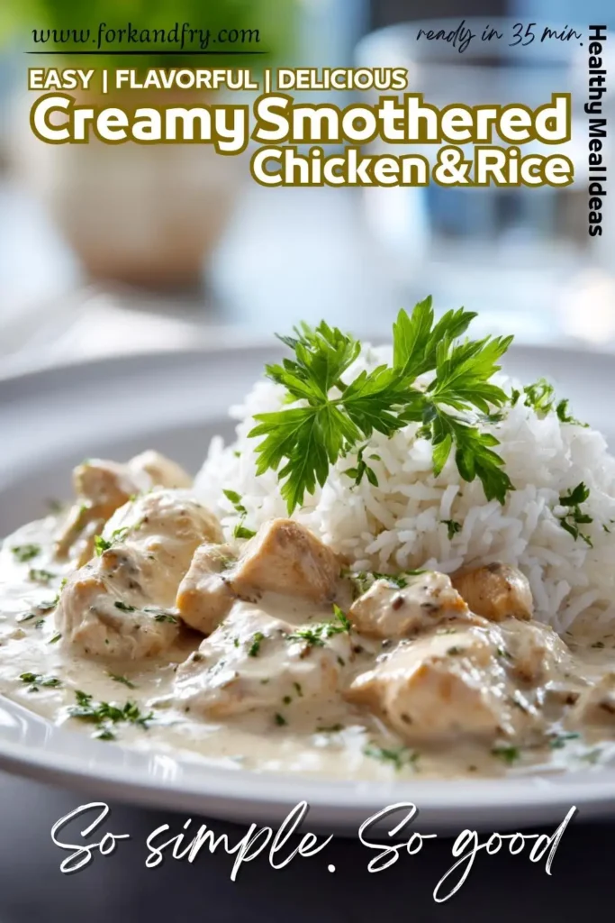 One-pot creamy chicken and rice garnished with fresh parsley One-pot creamy chicken and rice garnished with fresh parsley