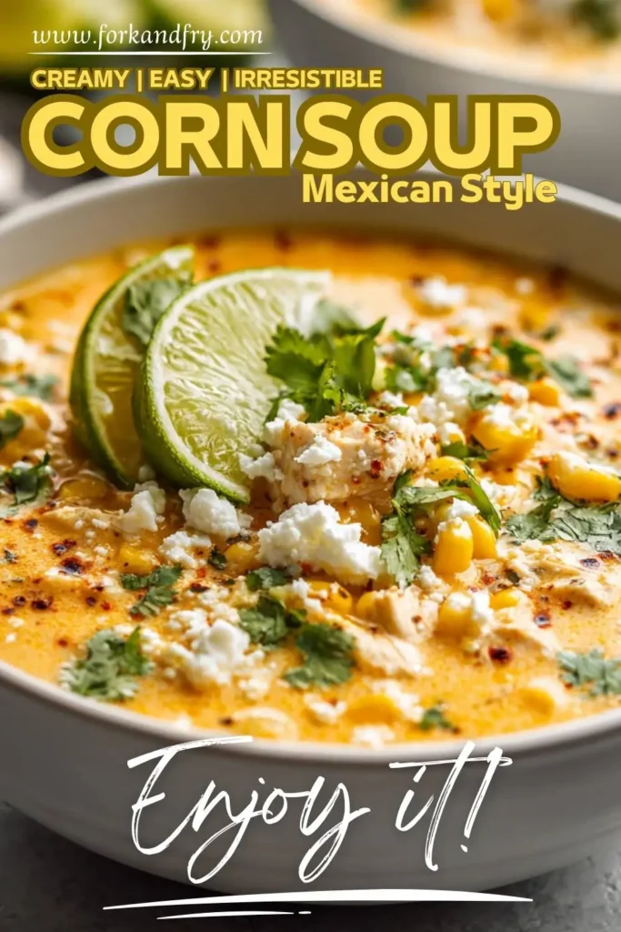 Overhead view of street corn soup with jalapeños and cheese. Street corn soup with jalapeños and cheese