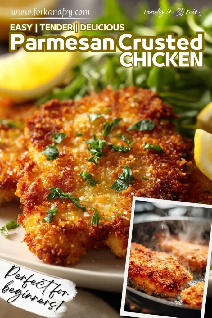 Parmesan chicken on a modern plate Parmesan chicken on a modern plate with fresh herbs and salad garnish.