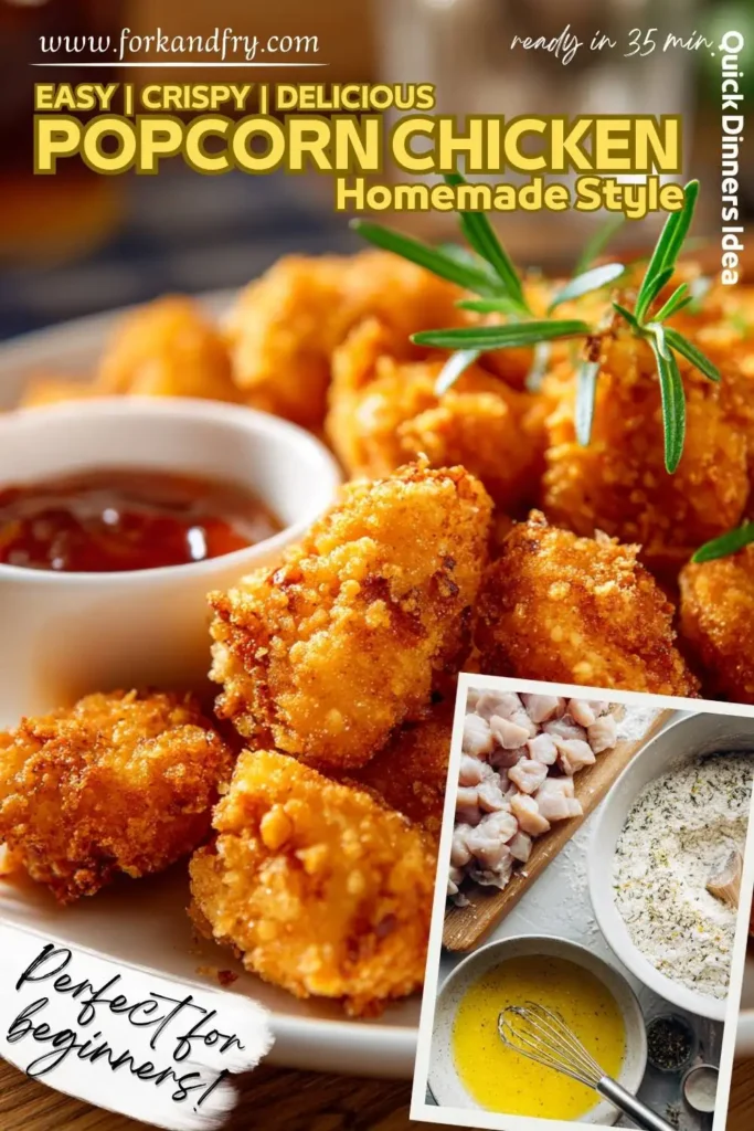 Popcorn chicken bites arranged on parchment with BBQ Popcorn chicken bites arranged on parchment with BBQ and ranch dipping bowls.
