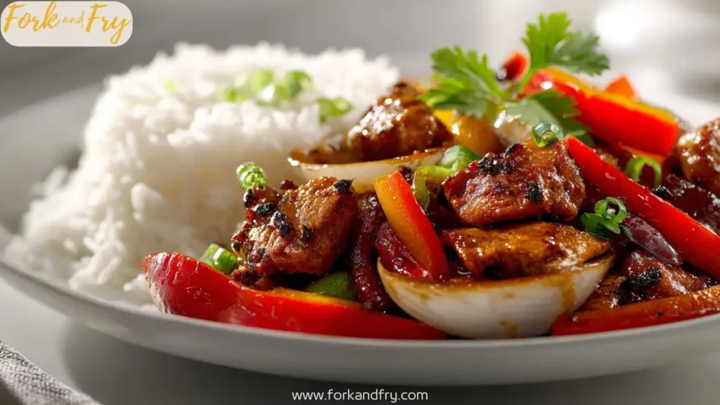 A bowl of pepper chicken with colorful bell peppers and steamed rice
