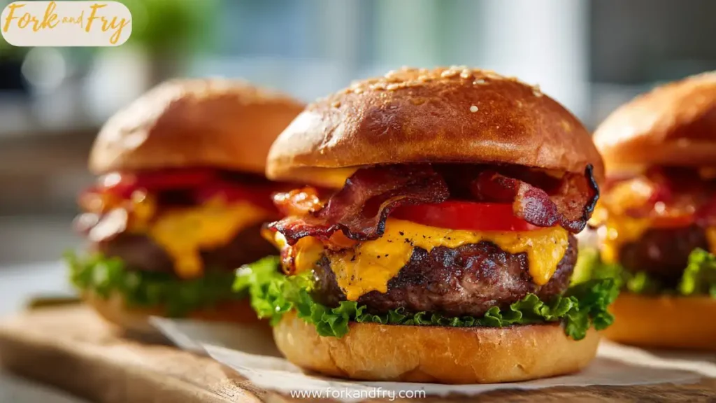 Ranch cheddar beef burgers stacked with lettuce and tomato on toasted buns