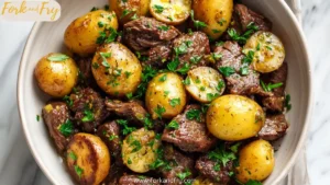 Slow Cooker Garlic Butter Beef Tips & Potatoes