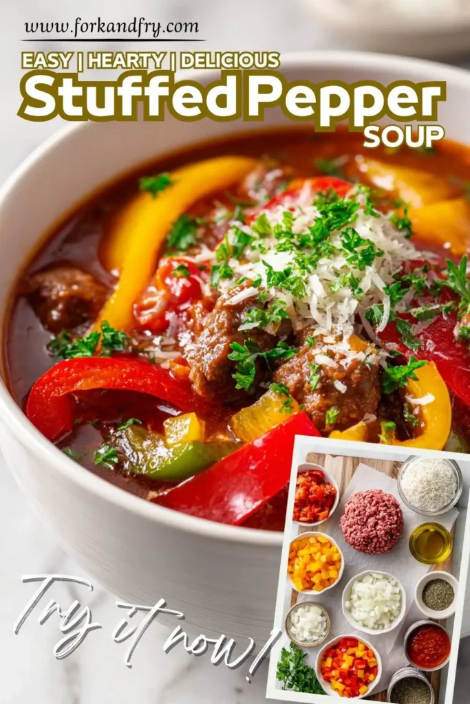 Slow Cooker Stuffed Pepper Soup Bowl of healthy stuffed pepper soup with bell peppers, ground beef, and tomato broth, garnished with parsley and parmesan.