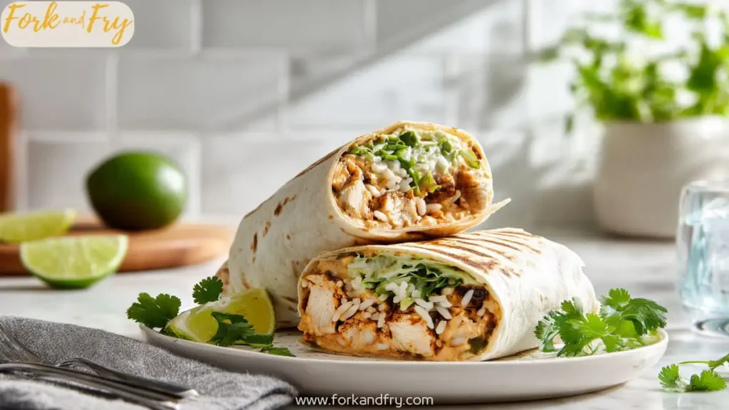 Chipotle Ranch Chicken Burrito Cut in Half on Ceramic Plate
