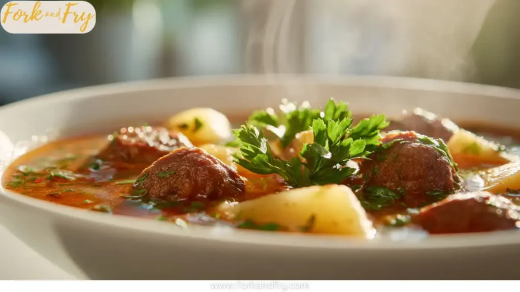 Hearty Spanish soup with beef sausage, potatoes, and chickpeas in a creamy broth