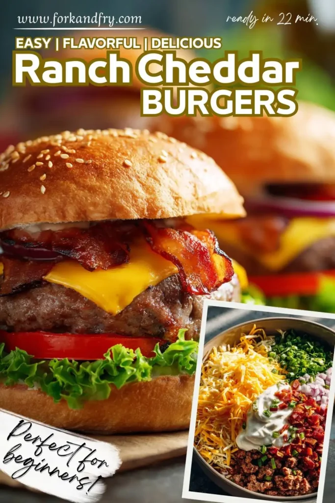 Stack of beef cheddar ranch burgers with melted cheese Stack of beef cheddar ranch burgers with melted cheese and fresh toppings