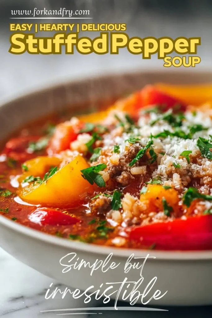 The ultimate cozy fall soup Close-up of stuffed pepper soup featuring colorful bell peppers and beef in a rich tomato broth, topped with fresh parsley.